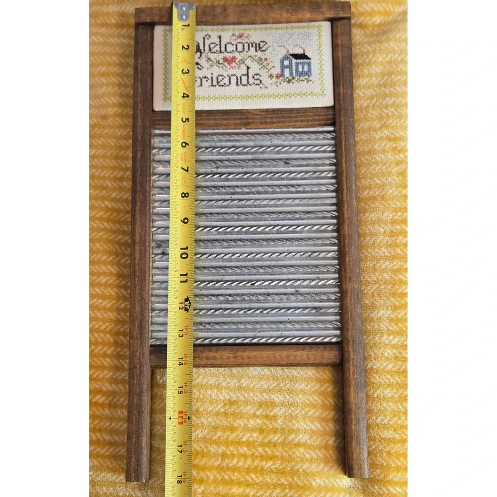Vtg Columbus Washboard Co Welcome Friends Cross Stitch Wood Metal Cottagecore